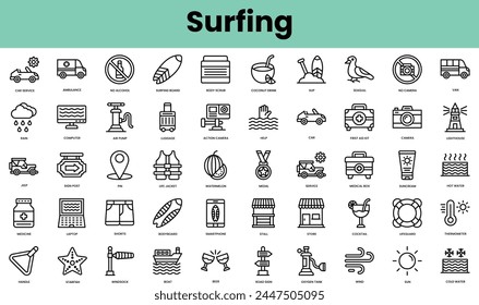 Set of surfing icons. Linear style icon bundle. Vector Illustration