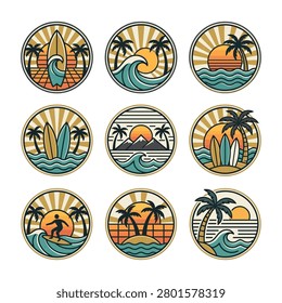 Set of surfing icons with palm trees