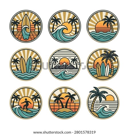 Set of surfing icons with palm trees