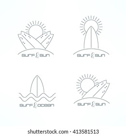 Set of surfing icons. Surfing icons in thin line design. Surfing boards design elements