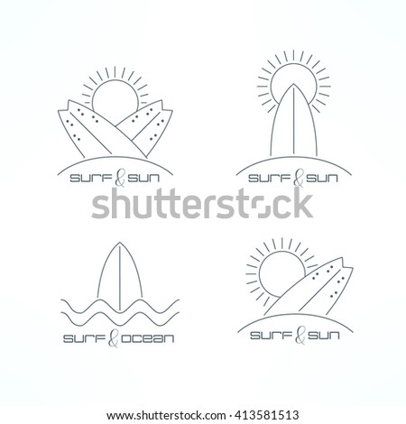 Set of surfing icons. Surfing icons in thin line design. Surfing boards design elements