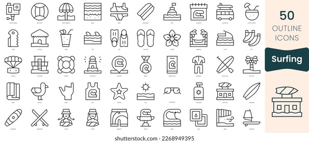Set of surfing icons. Thin linear style icons Pack. Vector Illustration