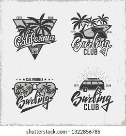 Set of surfing labels. Grunge background. Vintage design. Vector illustration.