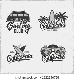 Set of surfing labels. Grunge background. Vintage design. Vector illustration.
