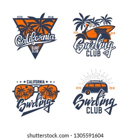 Set of surfing labels isolated on white. Vector illustration.
