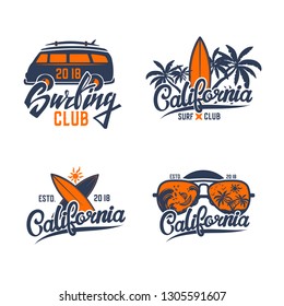 Set of surfing labels isolated on white. Vector illustration.