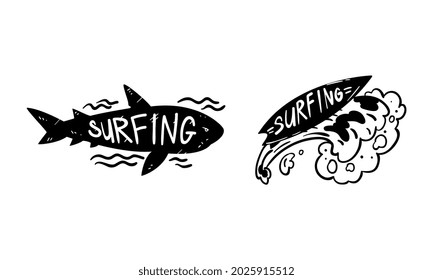 Set of Surfing Logo Design, Surf Club Monochrome Labels and Emblems Vector Illustratio