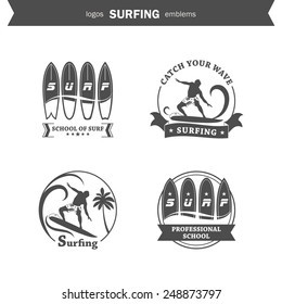 Set of surfing logos, emblems and design elements