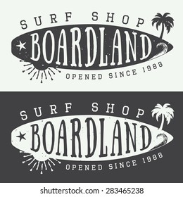 Set of surfing logos, labels, badges and elements in vintage style. Vector illustration