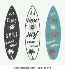 Set of surfing logos, labels, badges and elements in vintage style. Vector illustration