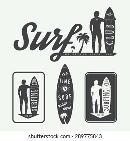 Set of surfing logos, labels, badges and elements in vintage style. Vector illustration