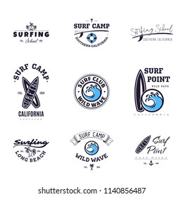 A set of surfing for printing. Wild wave logo, surf point sticker, elements of boards for school surfing.