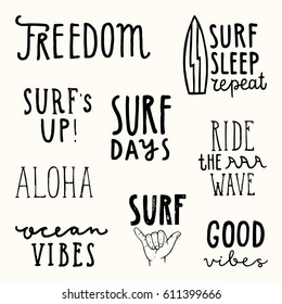 Set of surfing quotes. Hand drawn lettering. Vector illustartion