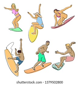 Set of surfing. Silhouettes of female and male surfers on surfboard. Vector flat illustration. Active leisure design element. Isolated black contour and colors.