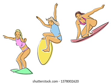 Set of surfing. Silhouettes of female surfers on surfboard. Vector flat illustration. Active leisure design element. Isolated black contour and colors.