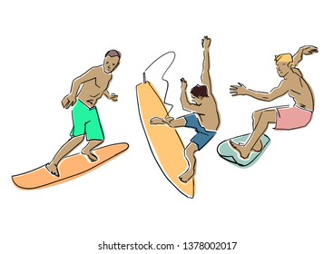 Set of surfing. Silhouettes of male surfers on surfboard. Vector flat illustration. Active leisure design element. Isolated black contour and colors.
