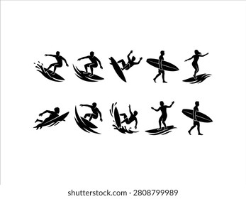 Set of surfing silhouettes, people riding waves, carrying surfboards, extreme water sports, ocean activity vector icons