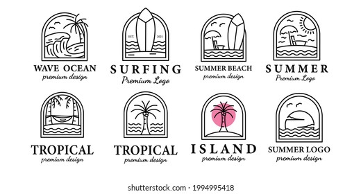 set of surfing or tropical or island in summer line art minimalist simple vector logo icon illustration design