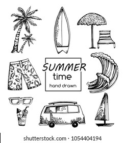Set of surfing. Vector of sketches. Summer. graphic elements. hand drawn