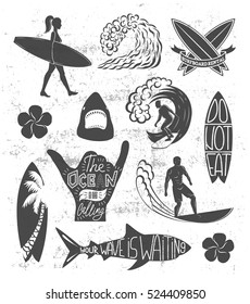 Set of surfing vintage design elements. Surf logo vector illustration. Surfboard logotypes. Retro style