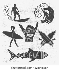 Set of surfing vintage design elements. Surf logo vector illustration. Surfboard logotypes. Retro style. Sea