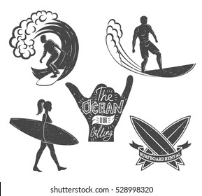 Set of surfing vintage design elements. Surf logo vector illustration. Surfboard logotypes. Retro style. Sea