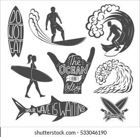 Set of surfing vintage design elements. Surf logo vector illustration. Surfboard logotypes. Retro style. Sea