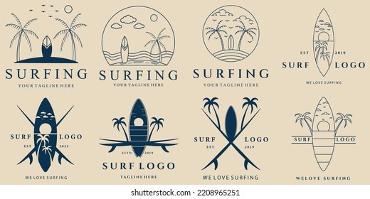 set surfing vintage, line art logo, icon and symbol, with emblem vector illustration design
