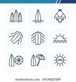 Set of surfing web icons in summer, set of outline icons, surfboard, sun and bikini