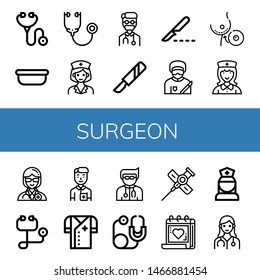 Set of surgeon icons such as Stethoscope, Surgical tray, Nurse, Doctor, Scalpel, Surgeon, Breast implant, Cannula, Medical appointment , surgeon