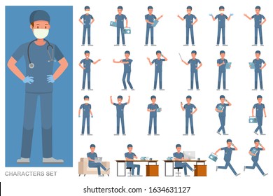 Set of Surgeon man character vector design. Presentation in various action with emotions, running, standing and walking. 