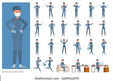 Set of Surgeon woman people working character vector design. Presentation in various action with emotions, running, standing and walking.