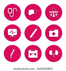 Set Surgery scalpel, X-ray shots with broken bone, Human kidneys, Patient record, Pipette, Heart rate, Hospital building and IV bag icon. Vector
