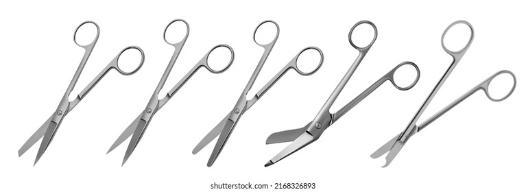 Set of surgical articulated scissors with various blade shapes and different purposes. Vector illustration