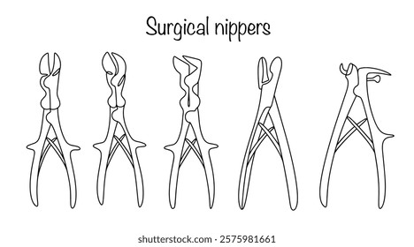 A set of surgical cutters drawn with a black line on a white background. Tools used for gouging bone, cutting bones and bone fragments. A set of surgeon tools for effective work during surgery.