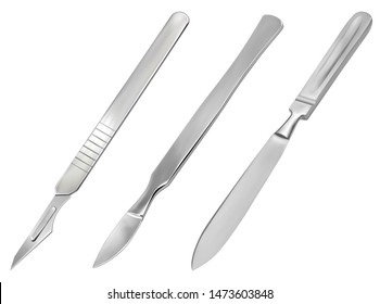 A set of surgical cutting tools. Reusable all-metal scalpel, delicate pointed scalpel with removable blade and amputation knife Liston. Realistic objects on a white background. Vector illustration