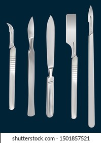 Set of surgical cutting tools. Reusable all-metal scalpel, scalpels with removable blades, Liston's amputation knife, scalpel with a blade for skin transplantation. Vector illustration.