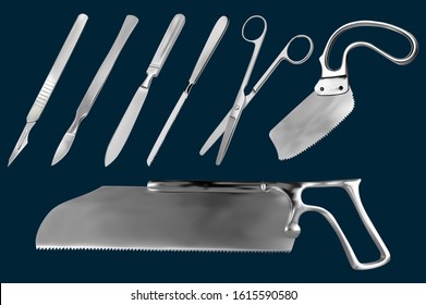 Set of surgical cutting tools. Reusable scalpel, scalpel with removable blade, Liston amputation knife , metacarpal saw, straight scissors, saw sheet Satterlee, Bergman saw for plaster bandage.
Vector