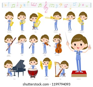 A set of Surgical Doctor women on classical music performances.There are actions to play various instruments such as string instruments and wind instruments.It's vector art so it's easy to edit.