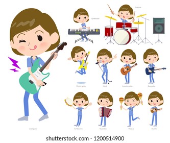 A set of Surgical Doctor women playing rock 'n' roll and pop music.There are also various instruments such as ukulele and tambourine.It's vector art so it's easy to edit.