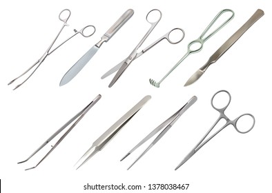 Set of surgical instruments. Different types of tweezers, scalpel, Liston's amputation knife, clip with fastener, straight scissors, Folkmann's  jagged hook, Meyer’s forceps. Isolated objects. Vector 