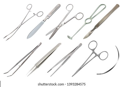 Set of surgical instruments. Different types of tweezers, scalpel, Liston's amputation knife, clip with fastener, straight scissors, Folkmann's  jagged hook, Meyer’s forceps, surgical needle. Vector 