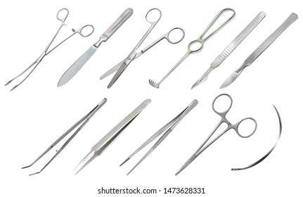 Set of surgical instruments. Different types of tweezers, scalpels, Liston's amputation knife, clip with fastener, straight scissors, Folkmann's  jagged hook, Meyer’s forceps, surgical needle. Vector 