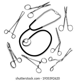 A set of surgical instruments for illustration or background on medical articles. Vector image