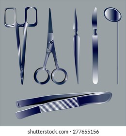 Set of surgical instruments in the metal. Medical knife scalpel operations. Vector illustration