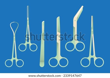 Set of surgical instruments on blue background. Vector illustration in flat style.