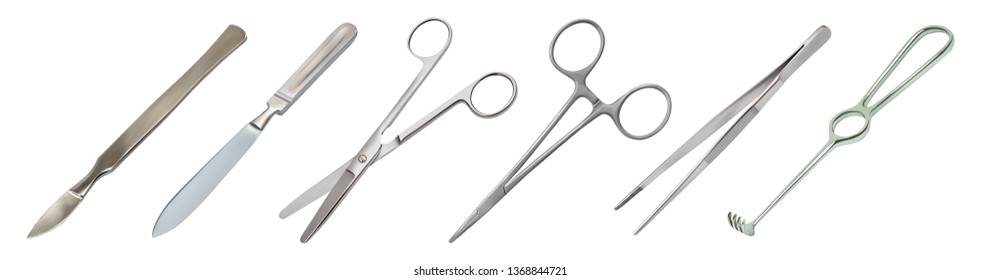 Set of surgical instruments. Scalpel, Liston's amputation knife, straight scissors, clip mosquito with a buckle, anatomical tweezers, jagged hook Folkmann. Isolated objects. Vector illustration.