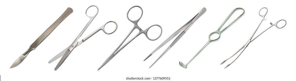 Set of surgical instruments. Scalpel, Liston's amputation knife, straight scissors, clamp mosquito with clasp, anatomical tweezers, Folkmann's serrated hook, Meyer’s forceps, Isolated objects. Vector