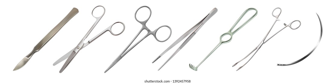 Set of surgical instruments. Scalpel, Liston's amputation knife, straight scissors, clamp mosquito with clasp, anatomical tweezers, Folkmann's serrated hook, Meyer’s forceps, surgical needle. Vector