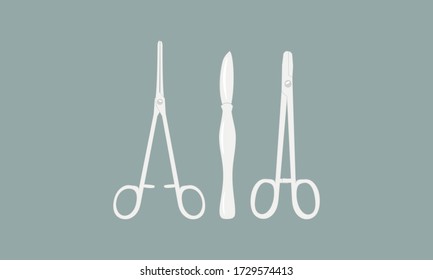 Set of surgical instruments. Scalpel, medical clamp, medical needle holder. Vector illustration